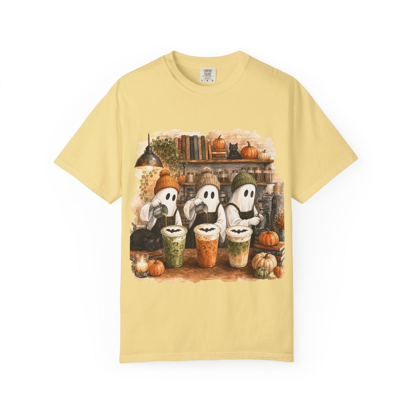 Ghost Trio with Pumpkin Lattes T-Shirt, Cute Halloween Coffee Shirt, Cozy Fall Ghost Tee, Pumpkin Spice Graphic, Autumn Coffee Lover Gift