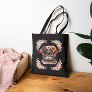 Geeky Goddess Dark Gray Cat Cotton Canvas Tote Bag