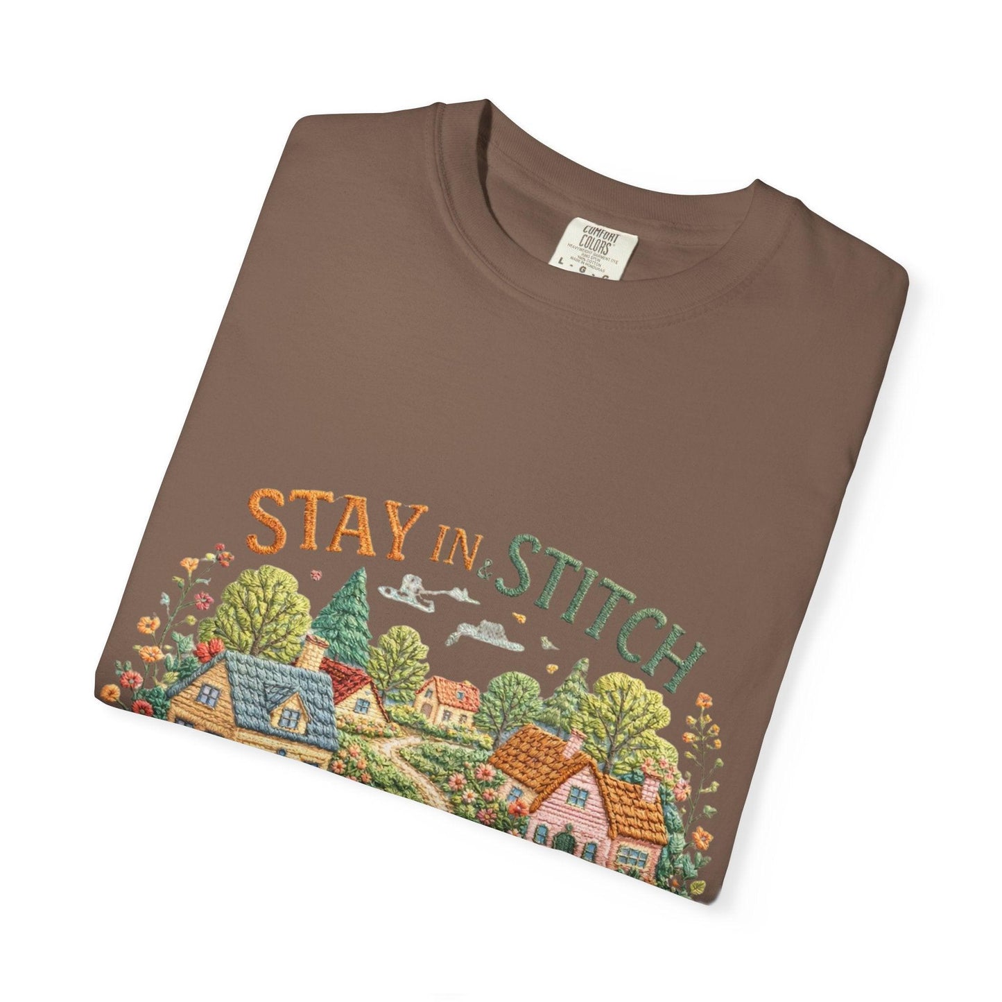 Stay In and Stitch Shirt, Cottagecore Sewing Tee, Grandma Hobbies Top, Vintage Cross Stitch Floral Village