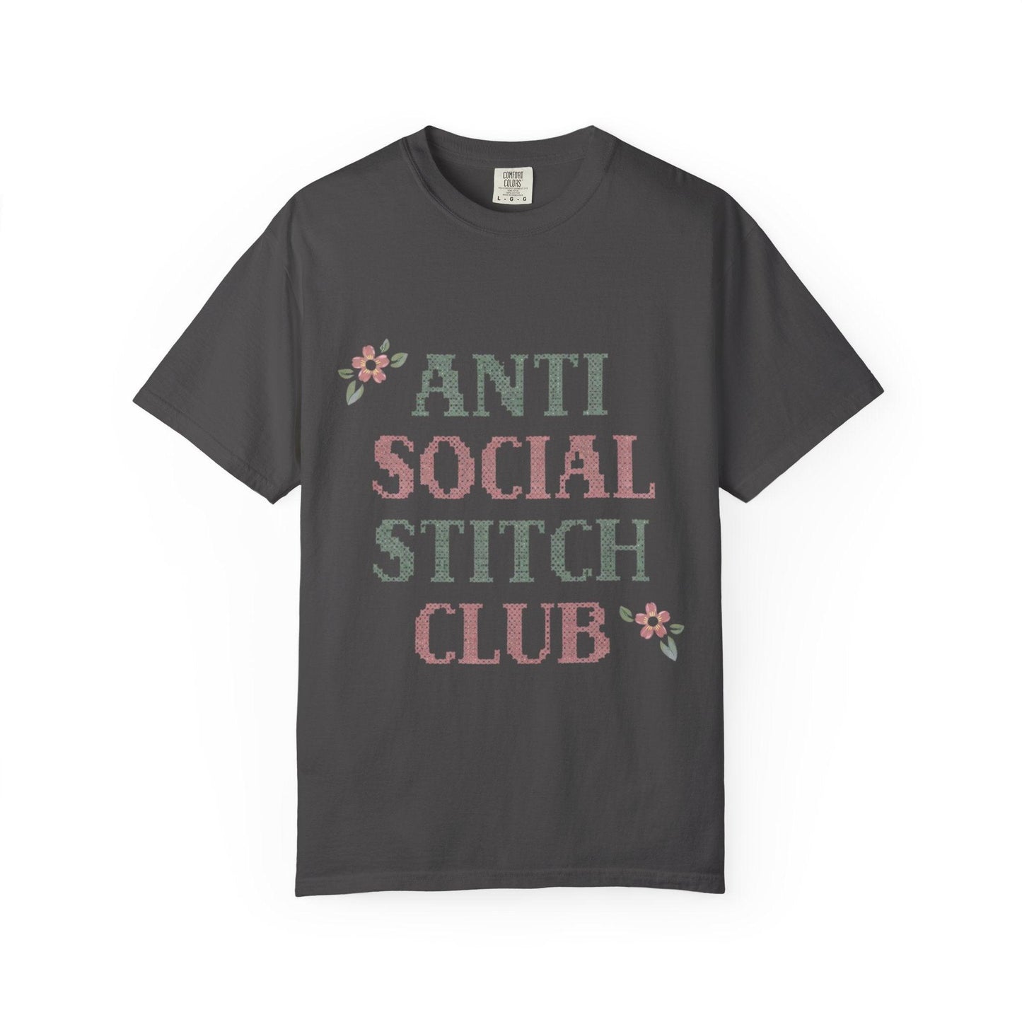 Anti Social Stitch Club T-shirt | Cross Stitch Floral Text Design