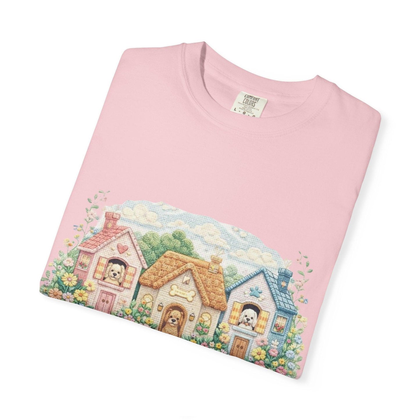 Cute Cottage Row illustration T-shirt | pastel village floral path