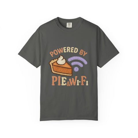 Powered by Pie and Wi-Fi T-Shirt, Funny Unisex Tee, Gift for Pie Lovers, Tech Enthusiasts, Perfect for Holidays and Parties