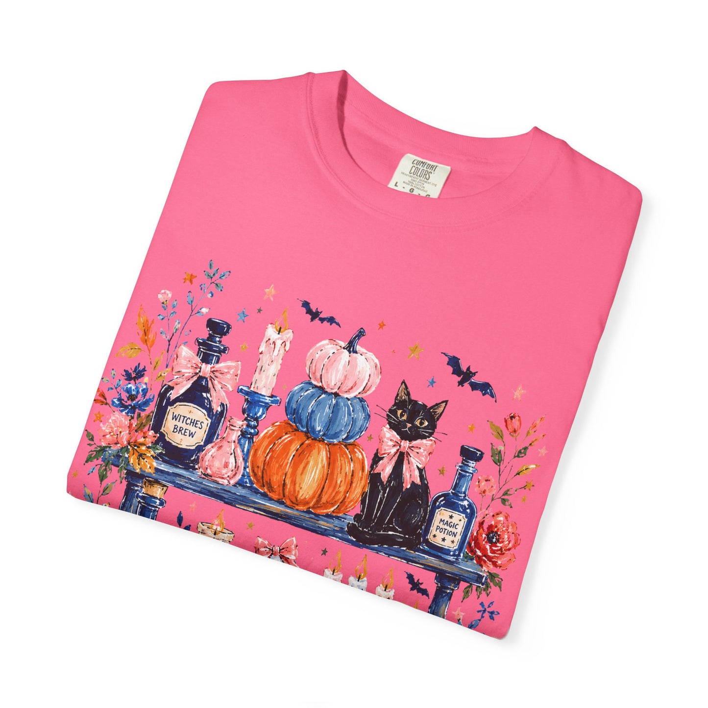 Autumn Apothecary Illustration T-shirt | Pumpkins, Black Cat, Potion Bottles