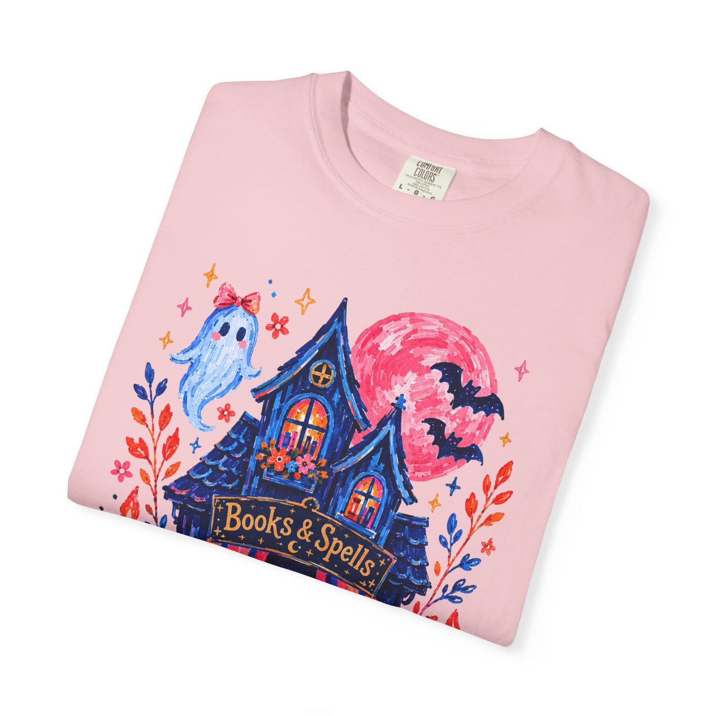 Books & Spells T-Shirt, Witchy Bookstore Halloween Shirt, Cozy Book Lover Tee, Black Cat Ghost Pumpkin Graphic, Booktok Fall Shirt