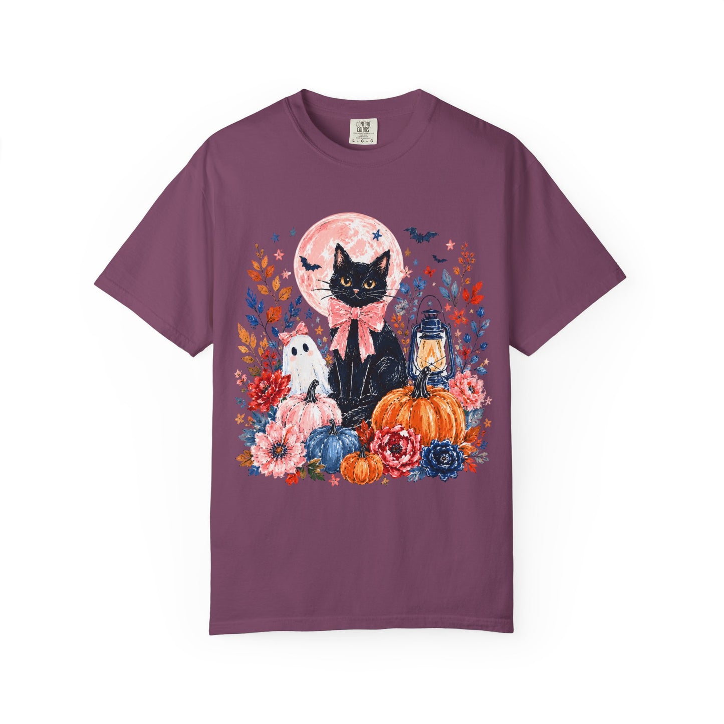 Black Cat with Pumpkins T-shirt | Halloween Moon Lantern Floral Design