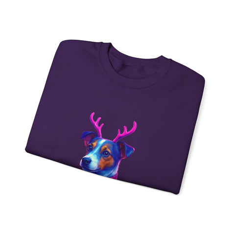 Neon Jack Russell in Reindeer Antlers Sweatshirt | Holiday Pet Portrait