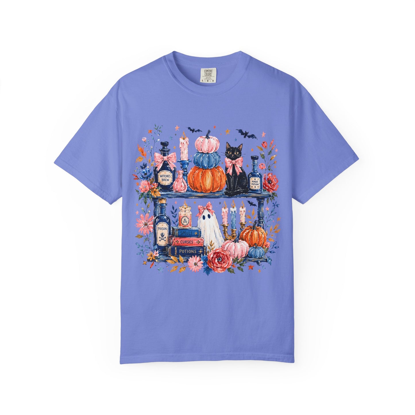 Autumn Apothecary Illustration T-shirt | Pumpkins, Black Cat, Potion Bottles