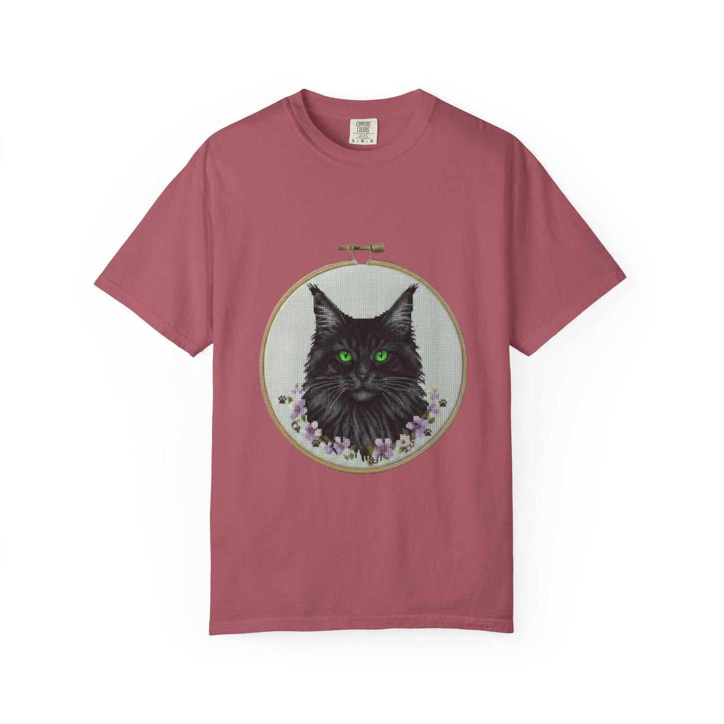 Black Cat Portrait T-Shirt | Embroidery Hoop Art, Green Eyes