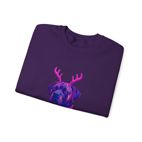 Neon Reindeer English Mastiff Sweatshirt | Dog with Antlers, Holiday Lights Sweater