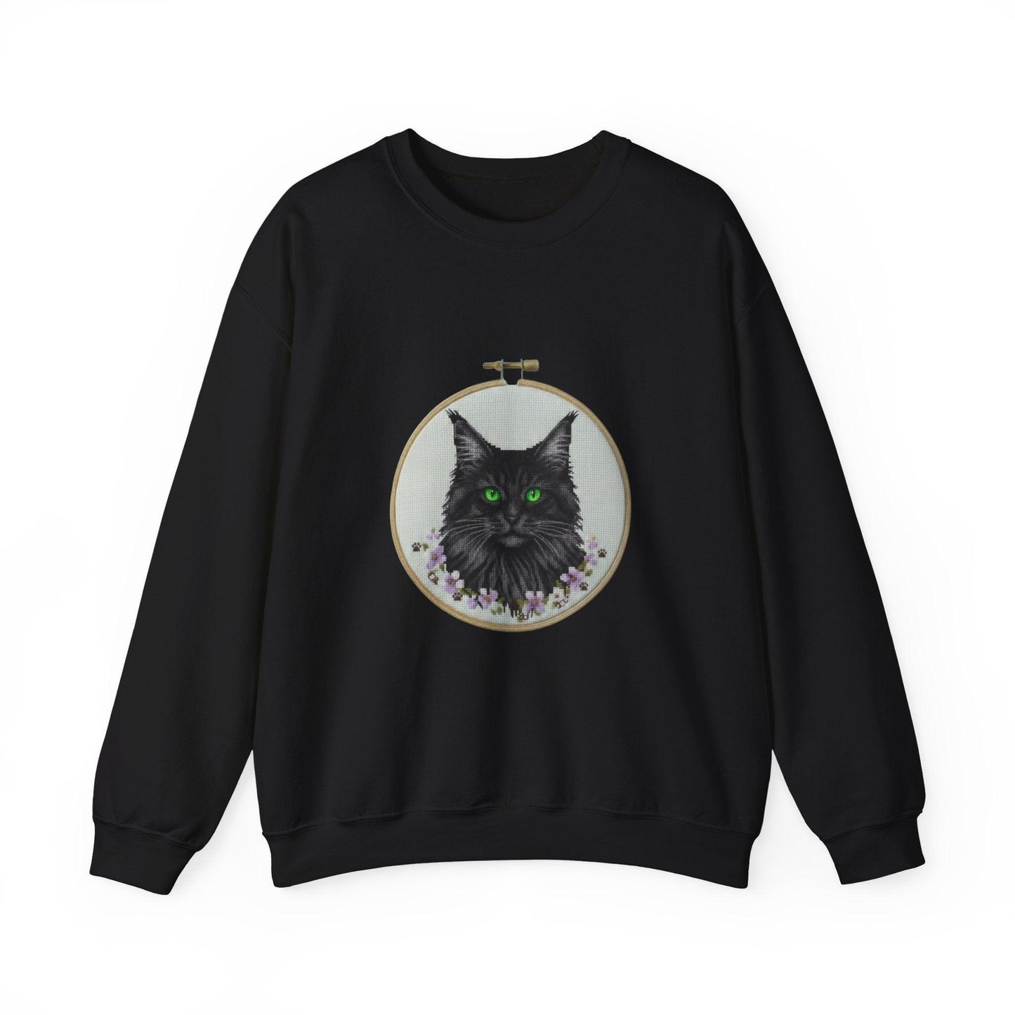 Black Cat Portrait Sweatshirt | Embroidery Hoop Floral Crewneck