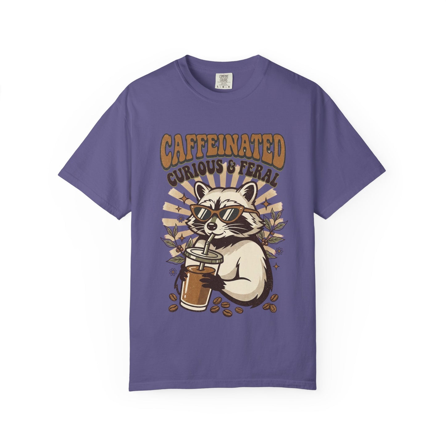 Caffeinated Curious & Feral Raccoon T-Shirt, Funny Coffee Lover Raccoon Tee, Goblincore Animal Shirt, Nature Lover Gift