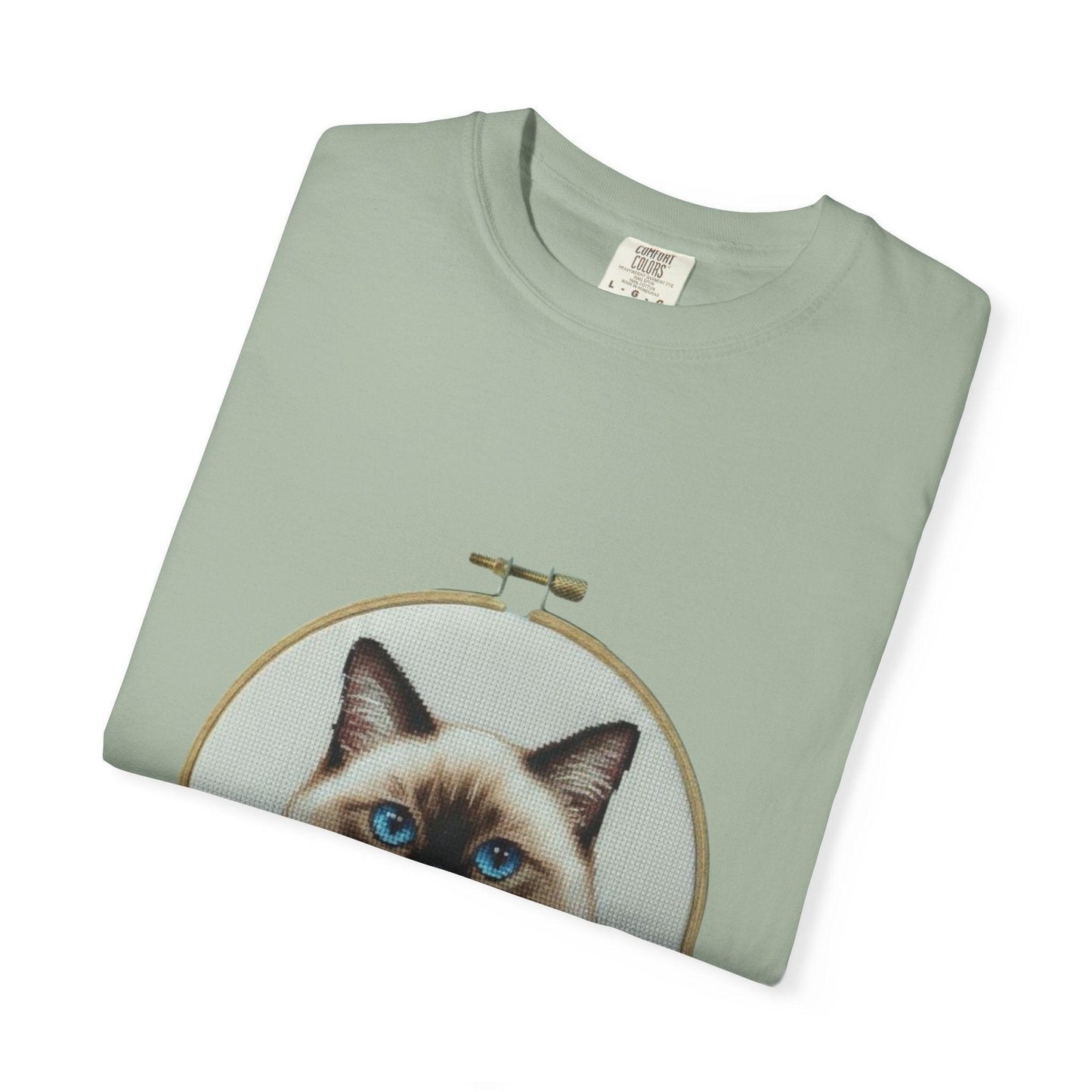 Blue-Eyed Siamese Cat Portrait T-Shirt | Embroidery Hoop Floral Design