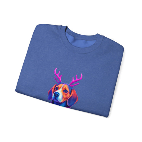 Beagle with Reindeer Antlers Sweatshirt | Colorful Holiday Dog Illustration
