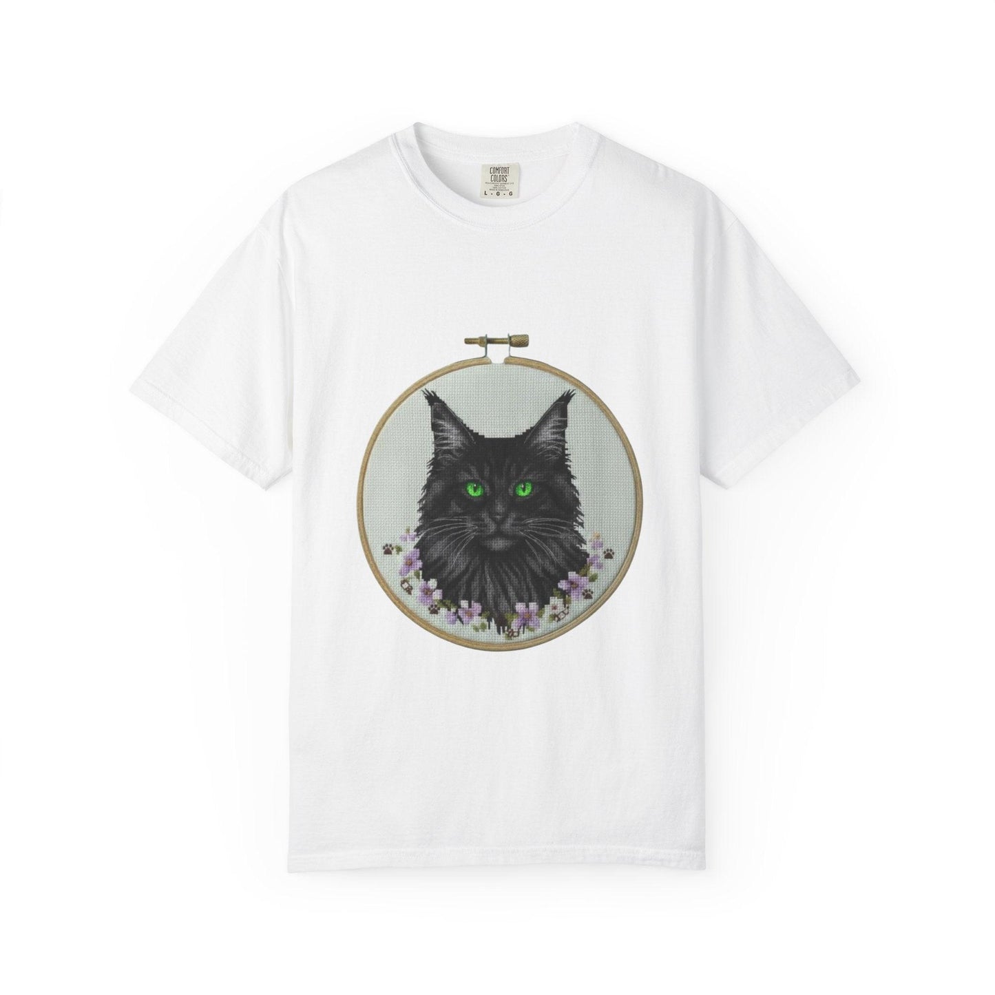 Black Cat Portrait T-Shirt | Embroidery Hoop Art, Green Eyes