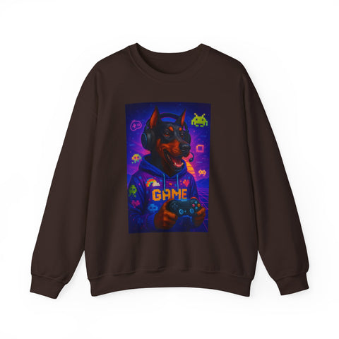 Gaming Doberman Graphic Crewneck Sweatshirt | Retro Arcade Dog Gamer