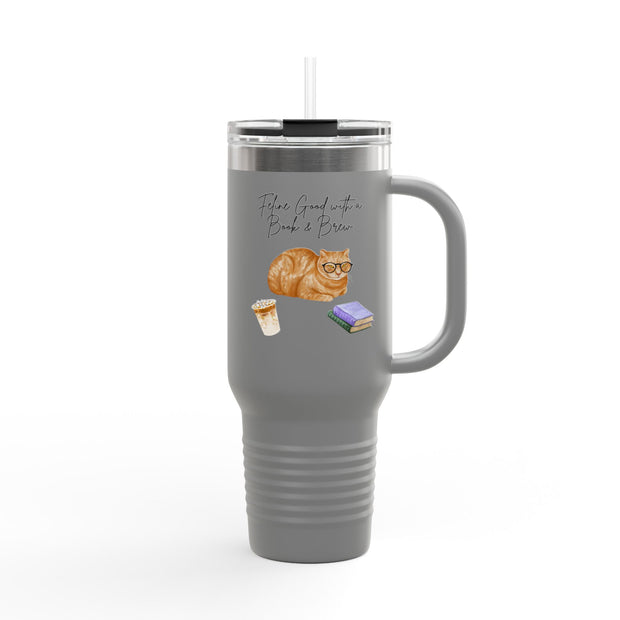 'Feline Good with a Book & Brew' Insulated Travel Mug, 40oz