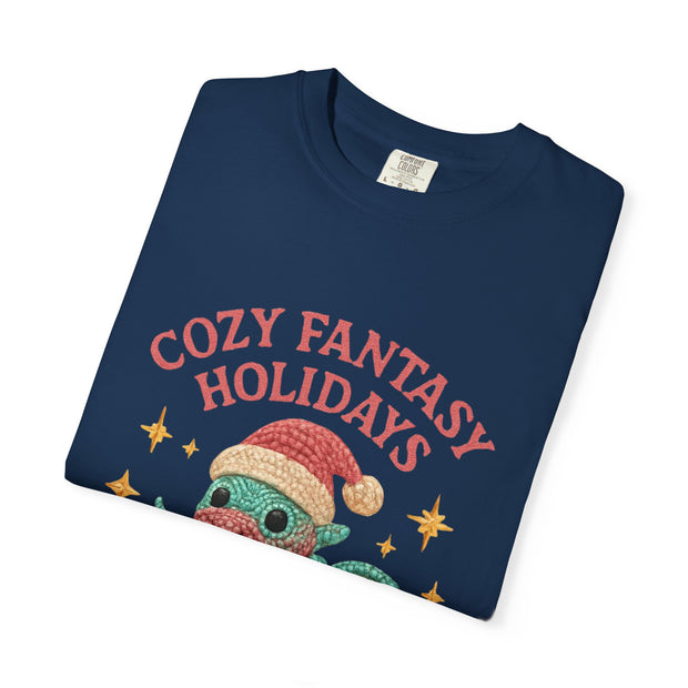 Cozy Fantasy Holidays Tee, Unisex Christmas T-shirt, Cute Dragon Apparel, Holiday Gift, Festive Graphic Tee