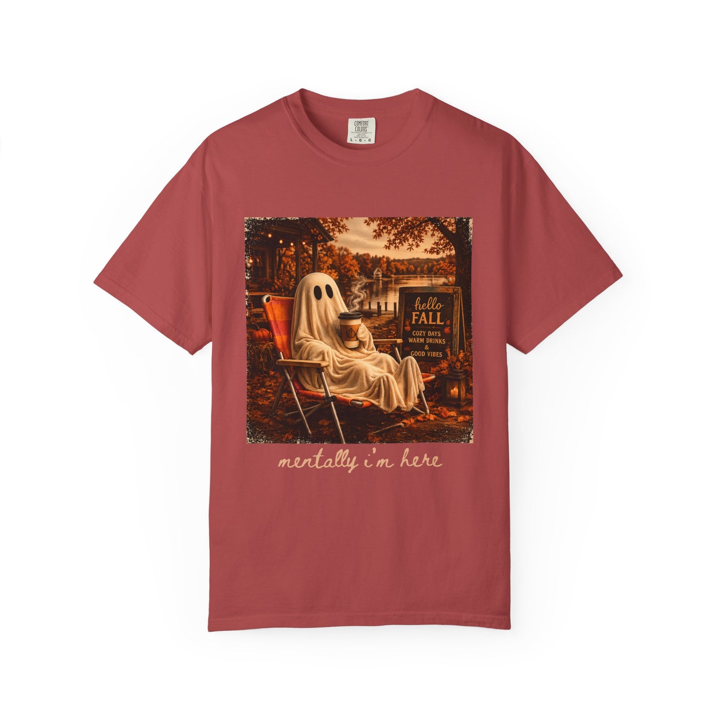 Cozy Ghost in Chair Fall T-shirt | Autumn Leaves, Retro Halloween Scene, Summerween