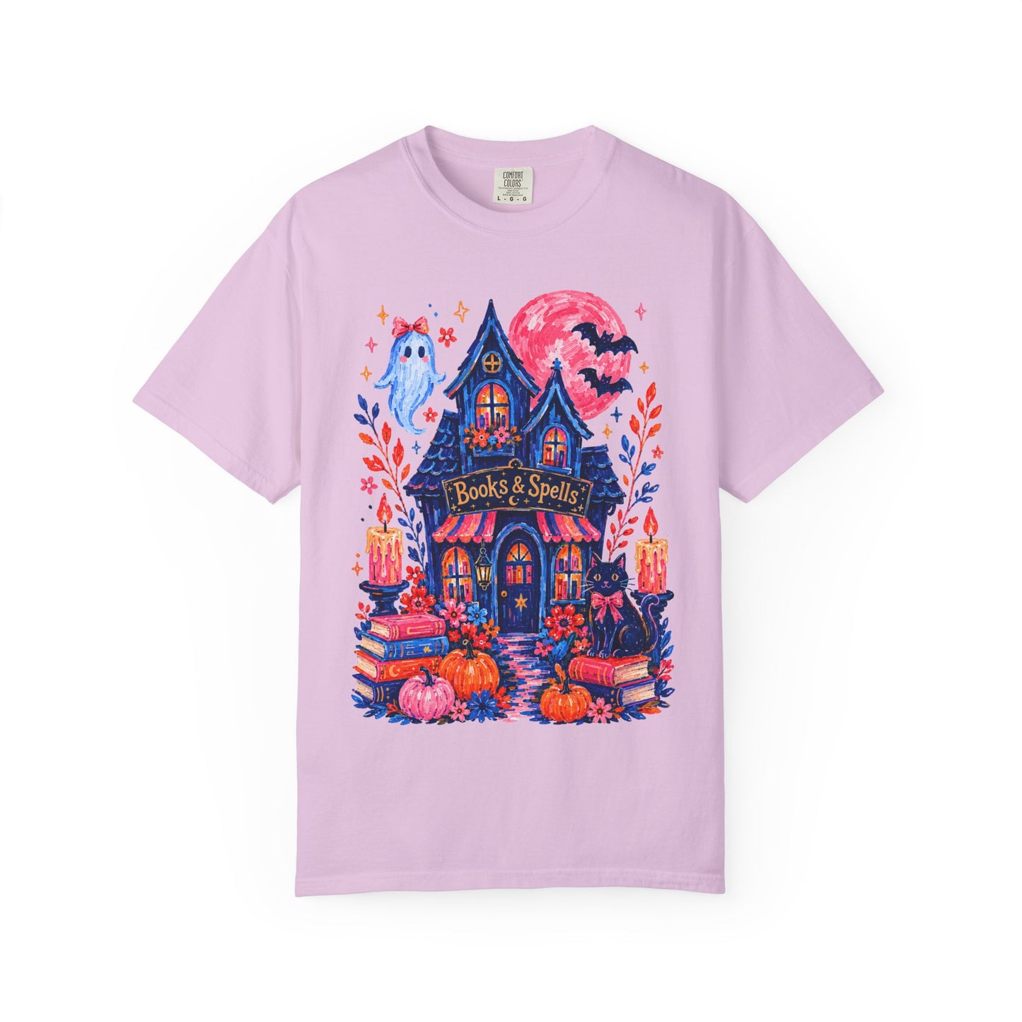 Books & Spells T-Shirt, Witchy Bookstore Halloween Shirt, Cozy Book Lover Tee, Black Cat Ghost Pumpkin Graphic, Booktok Fall Shirt