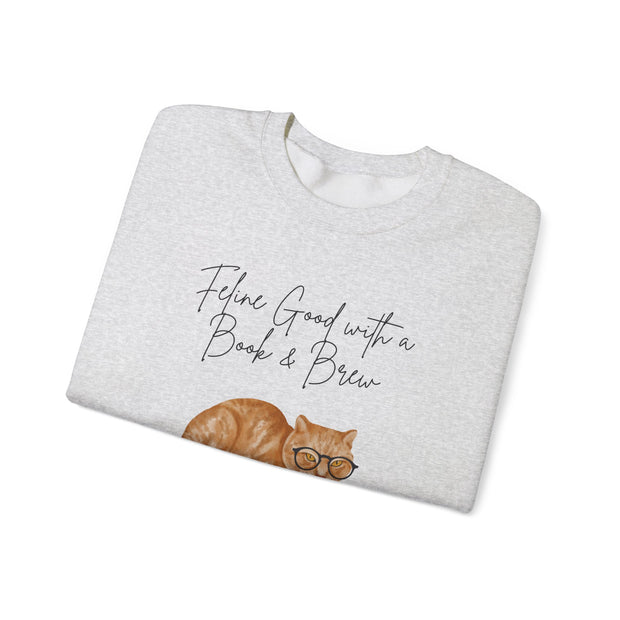 'Feline Good With A Book & Brew' Unisex Crewneck Sweatshirt