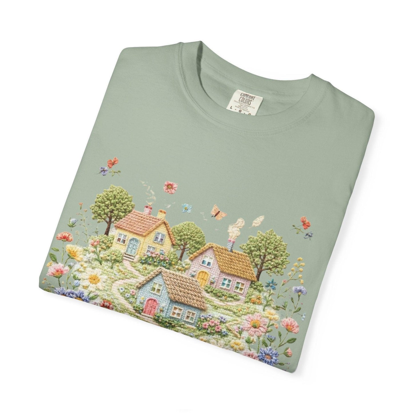Cottage Garden Landscape T-shirt | Floral Village Illustration