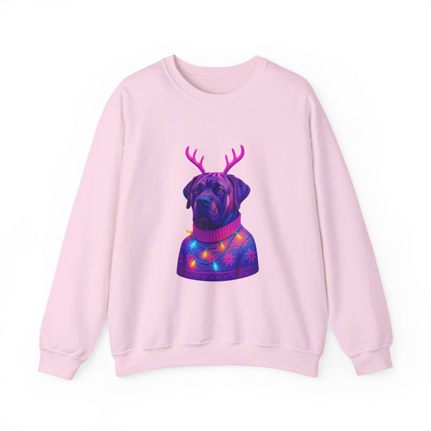 Neon Reindeer English Mastiff Sweatshirt | Dog with Antlers, Holiday Lights Sweater