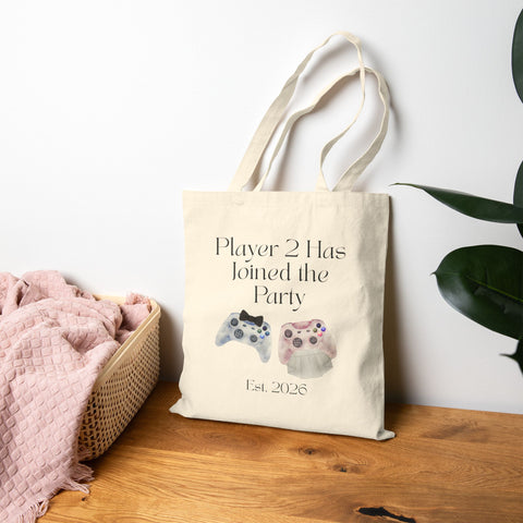 'Player 2 Has Joined the Party' 'Est. 2026' Cotton Canvas Tote Bag