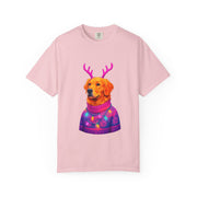 Golden Retriever with Antlers sweater T-Shirt | Neon Holiday Dog Design