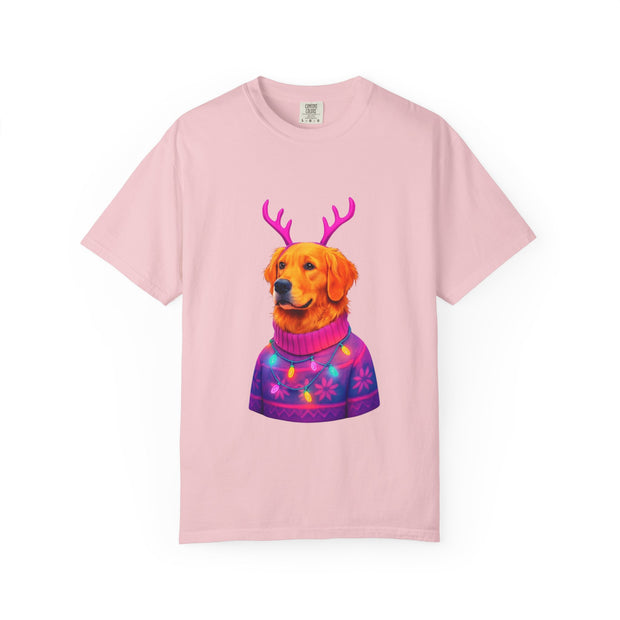 Golden Retriever with Antlers sweater T-Shirt | Neon Holiday Dog Design