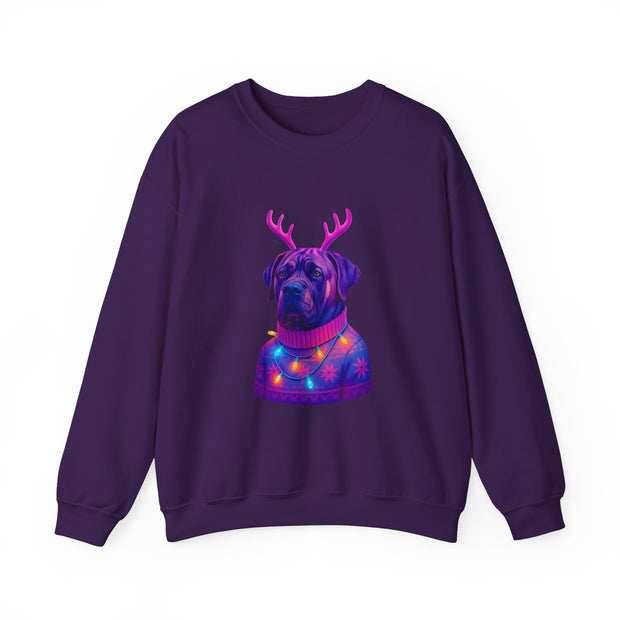 Neon Reindeer English Mastiff Sweatshirt | Dog with Antlers, Holiday Lights Sweater