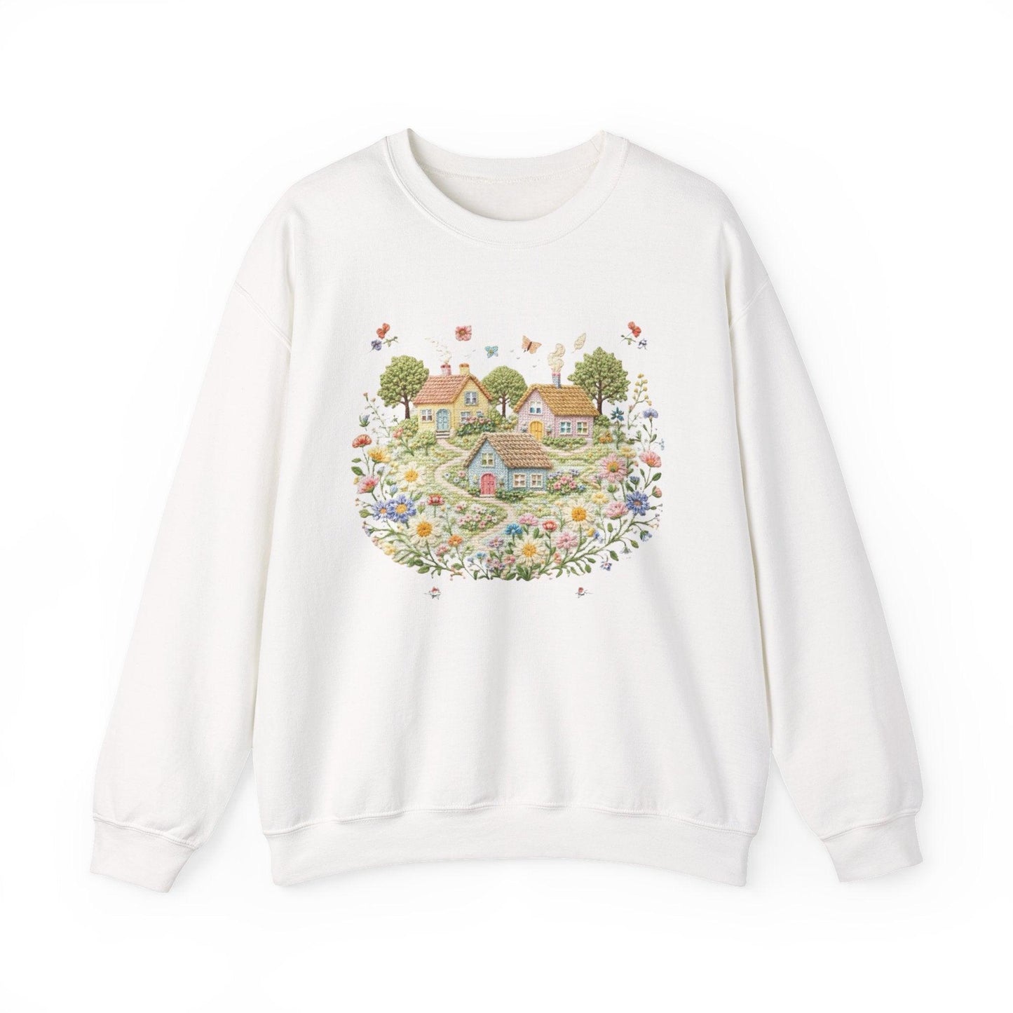 Cottage Garden Illustration Sweatshirt | Floral Village Scene, Cozy Spring