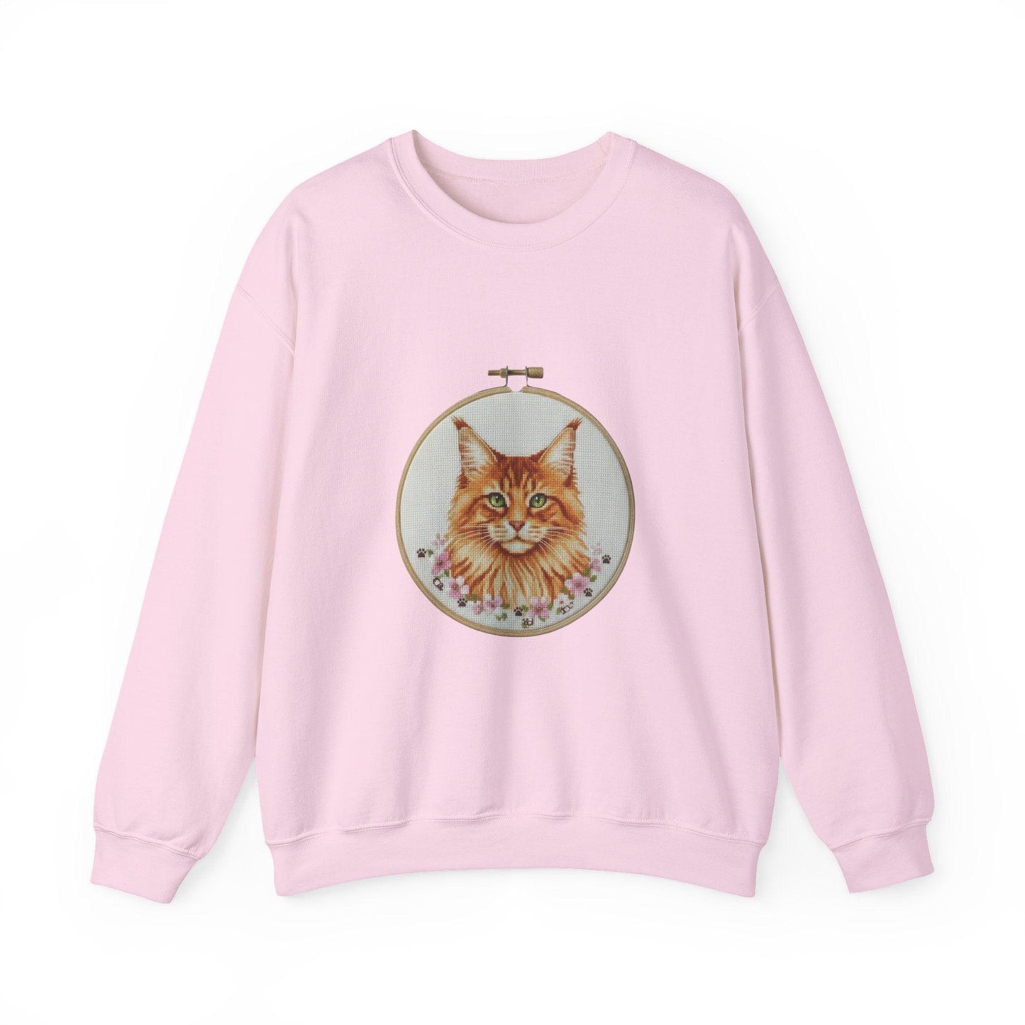 Orange Tabby Cat Sweatshirt, Cat Mom Gift, Cross Stitch Cat Portrait, Embroidery Hoop Floral Crewneck