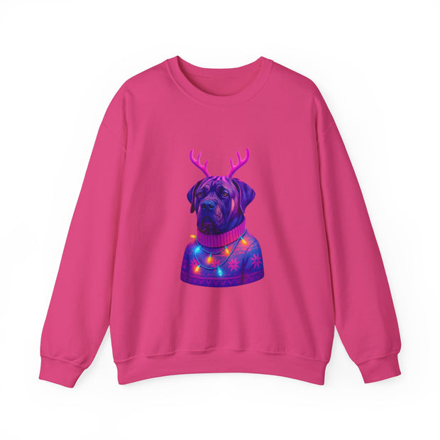 Neon Reindeer English Mastiff Sweatshirt | Dog with Antlers, Holiday Lights Sweater