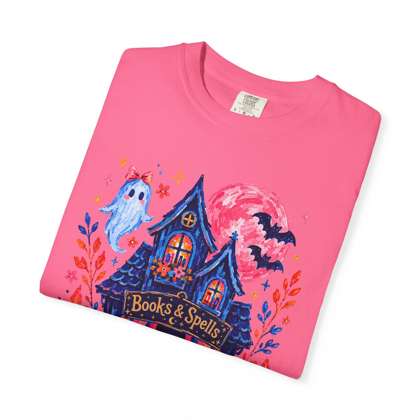 Books & Spells T-Shirt, Witchy Bookstore Halloween Shirt, Cozy Book Lover Tee, Black Cat Ghost Pumpkin Graphic, Booktok Fall Shirt