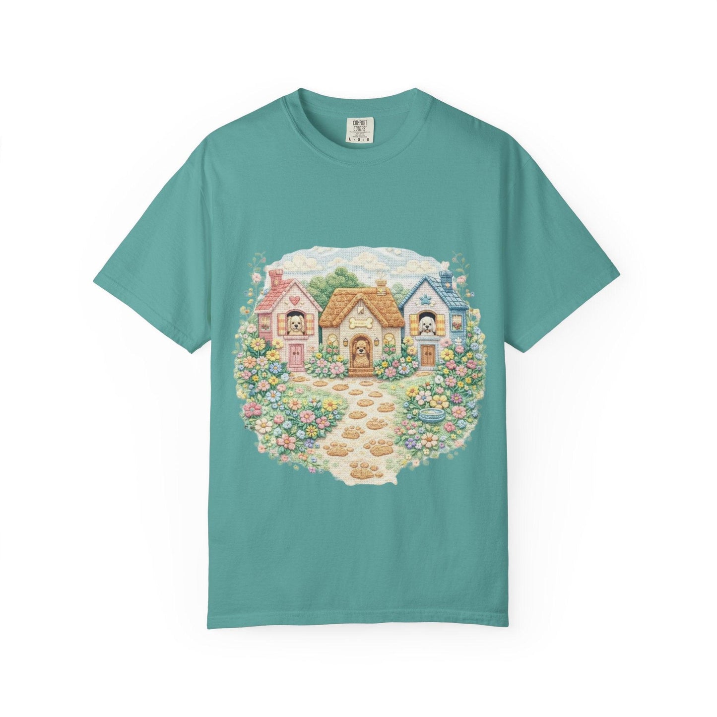 Cute Cottage Row illustration T-shirt | pastel village floral path