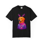 Golden Retriever with Antlers sweater T-Shirt | Neon Holiday Dog Design