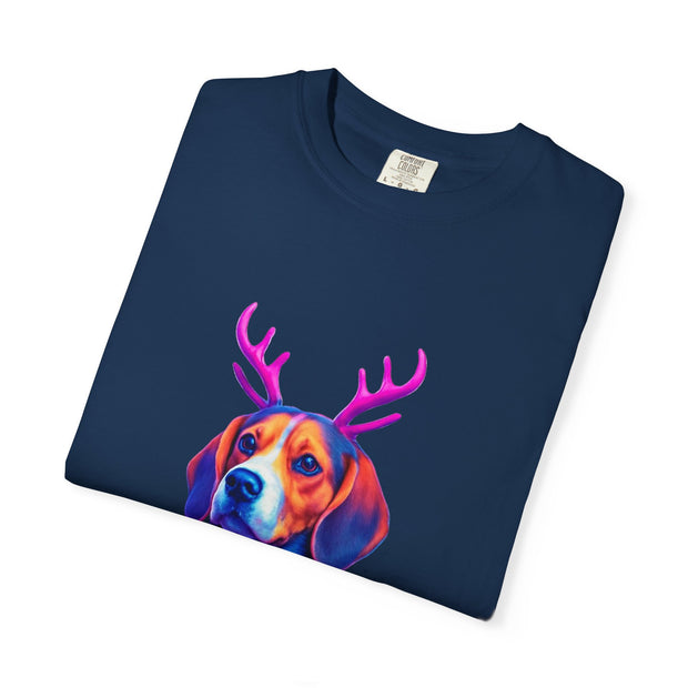 Neon Beagle in Reindeer Antlers T-Shirt | Christmas Dog Sweater Design