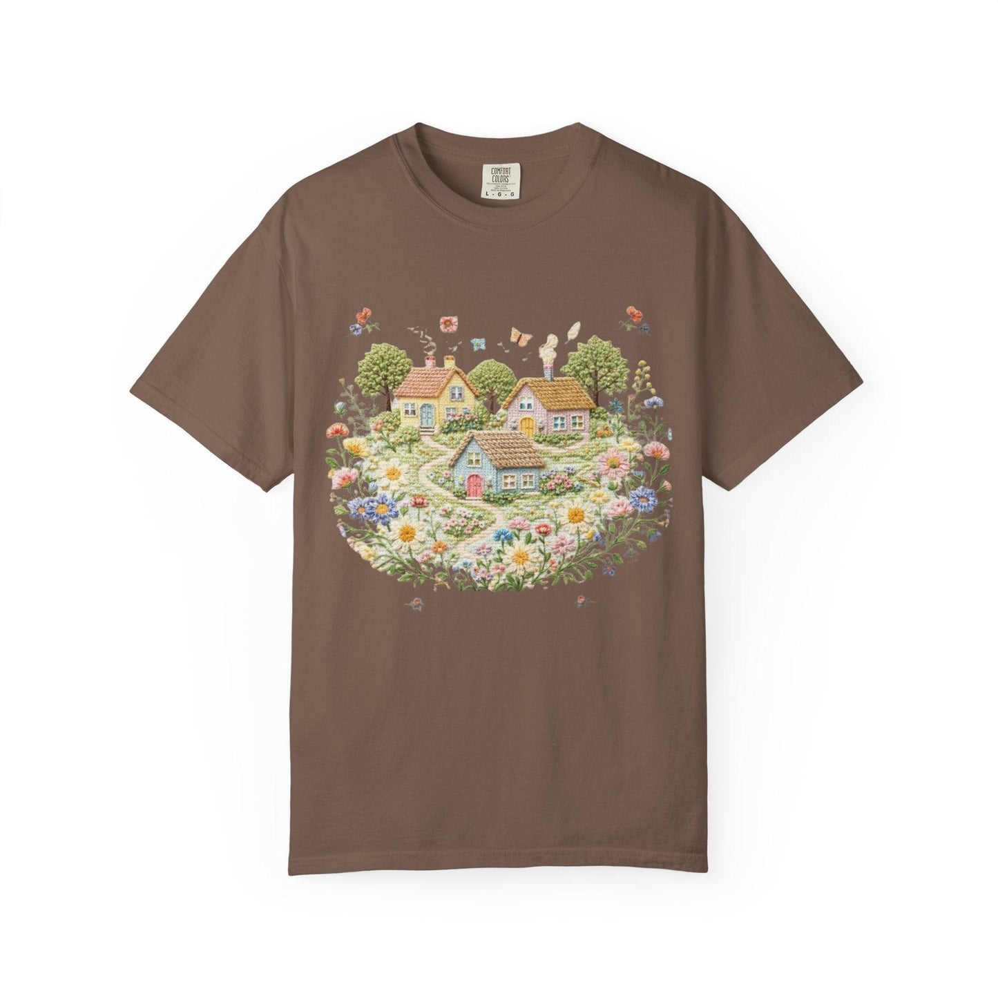 Cottage Garden Landscape T-shirt | Floral Village Illustration