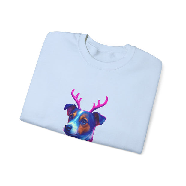 Neon Jack Russell in Reindeer Antlers Sweatshirt | Holiday Pet Portrait