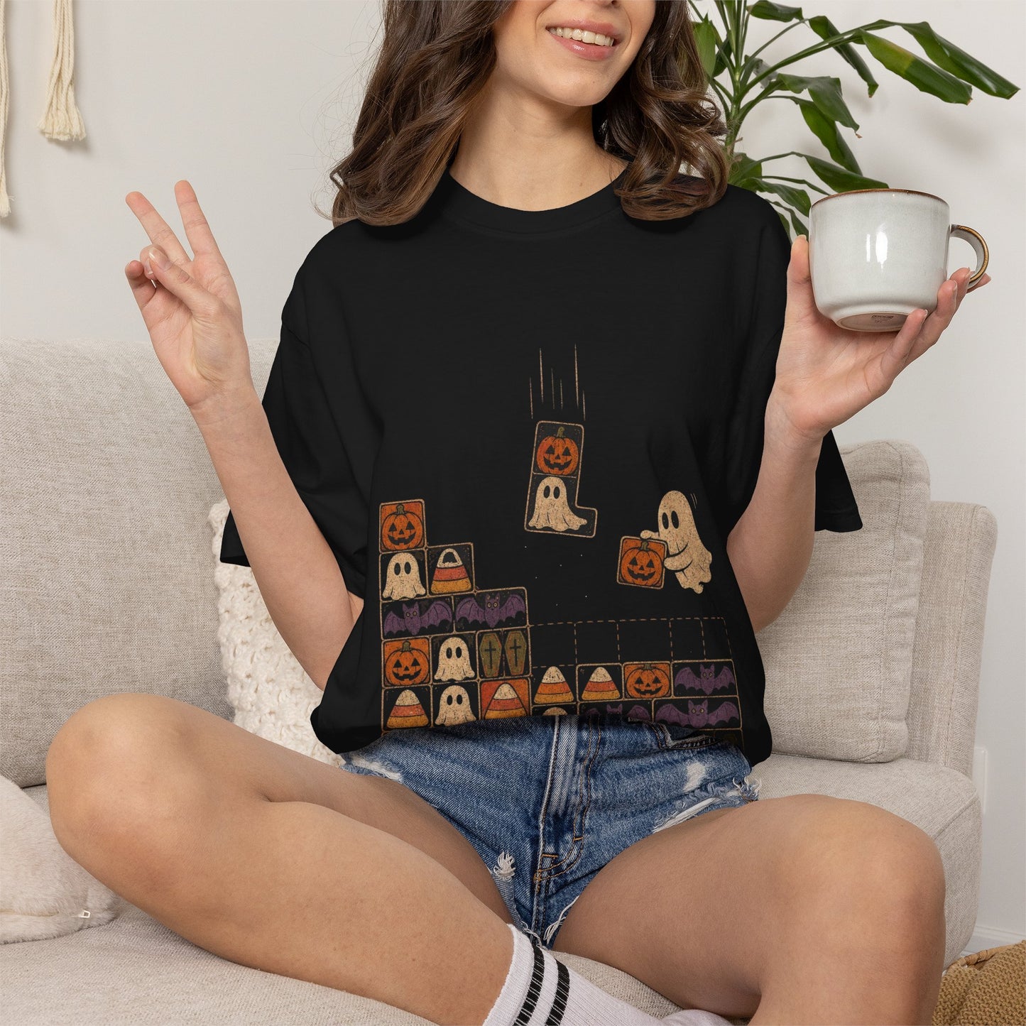 Halloween Pumpkin Ghost Block Puzzle T-shirt | Cute Retro Arcade Design