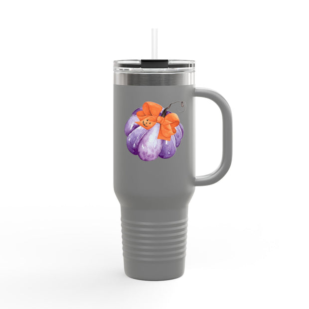 Purple Pumpkin Wrapped In A Bow Insulated Travel Mug, 40oz