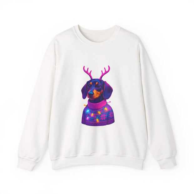 Dachshund Reindeer Sweater Crewneck Sweatshirt | Neon Holiday Dog Art