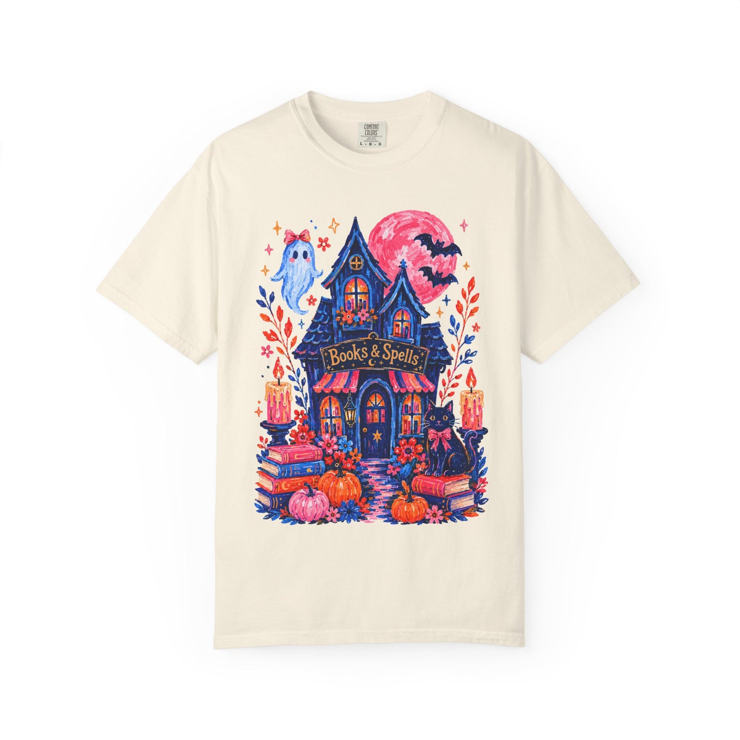Books & Spells T-Shirt, Witchy Bookstore Halloween Shirt, Cozy Book Lover Tee, Black Cat Ghost Pumpkin Graphic, Booktok Fall Shirt