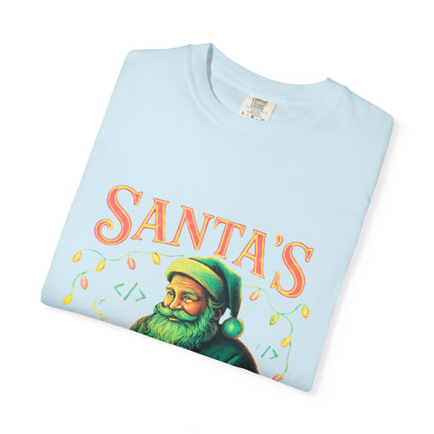 Santa's Cocoa & Code Society T-shirt, Holiday Tee, Xmas Gift, Unisex Garment-Dyed Shirt, Fun Santa Design, Cozy Christmas Apparel