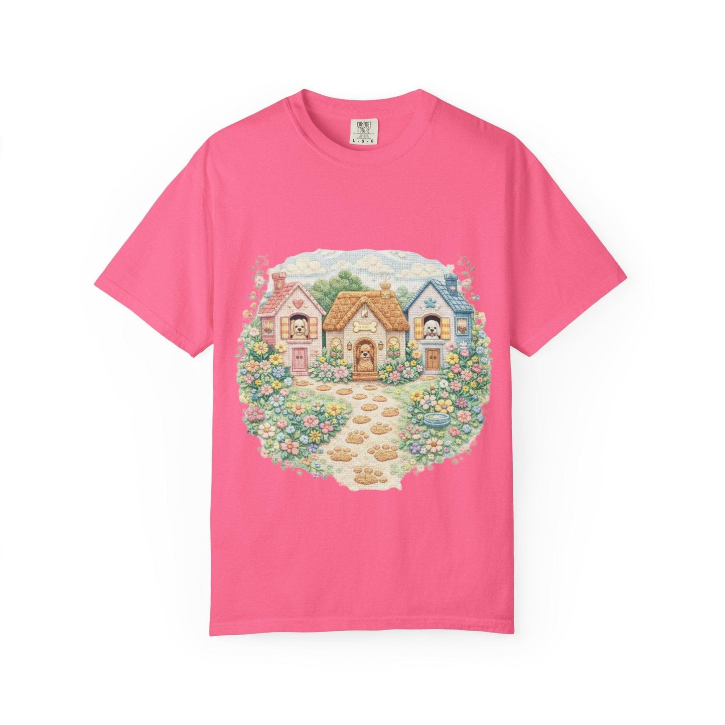 Cute Cottage Row illustration T-shirt | pastel village floral path