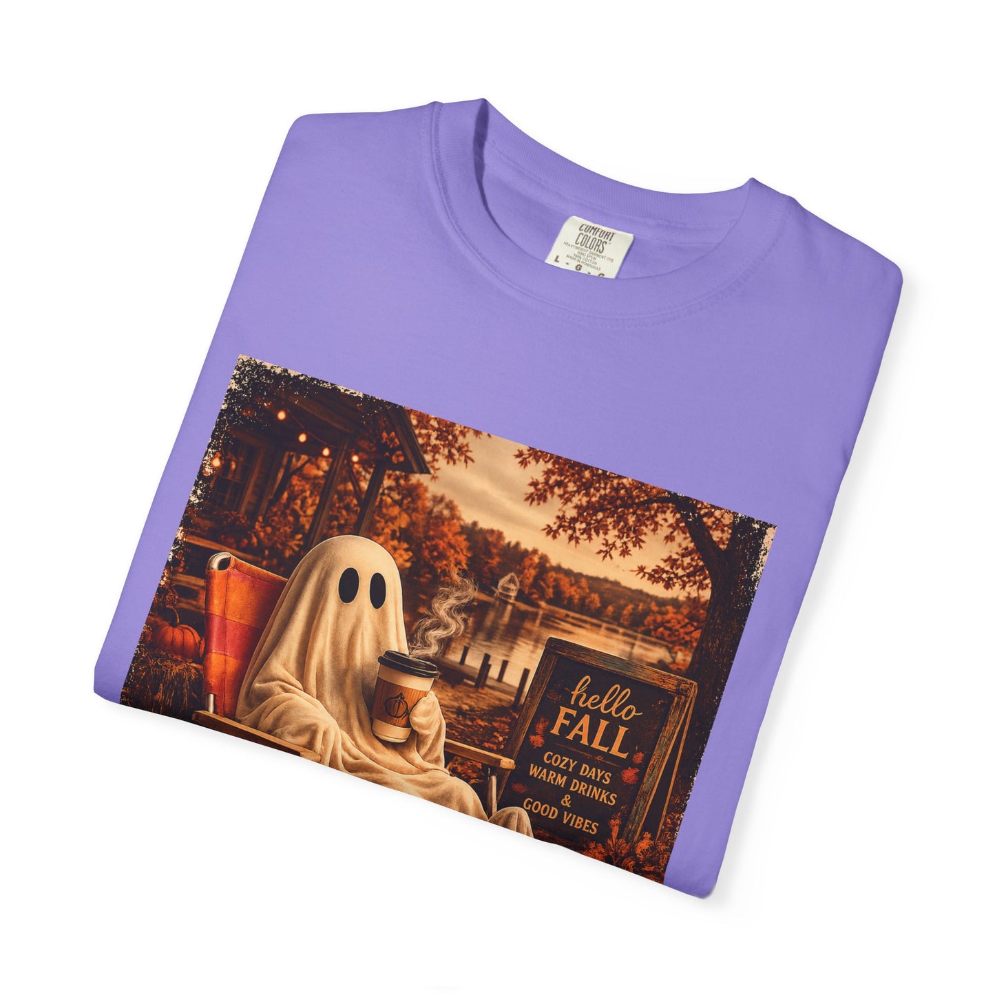 Cozy Ghost in Chair Fall T-shirt | Autumn Leaves, Retro Halloween Scene, Summerween