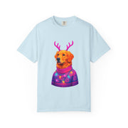 Golden Retriever with Antlers sweater T-Shirt | Neon Holiday Dog Design
