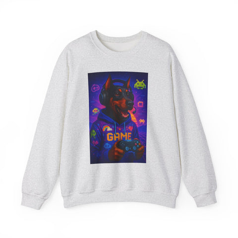 Gaming Doberman Graphic Crewneck Sweatshirt | Retro Arcade Dog Gamer