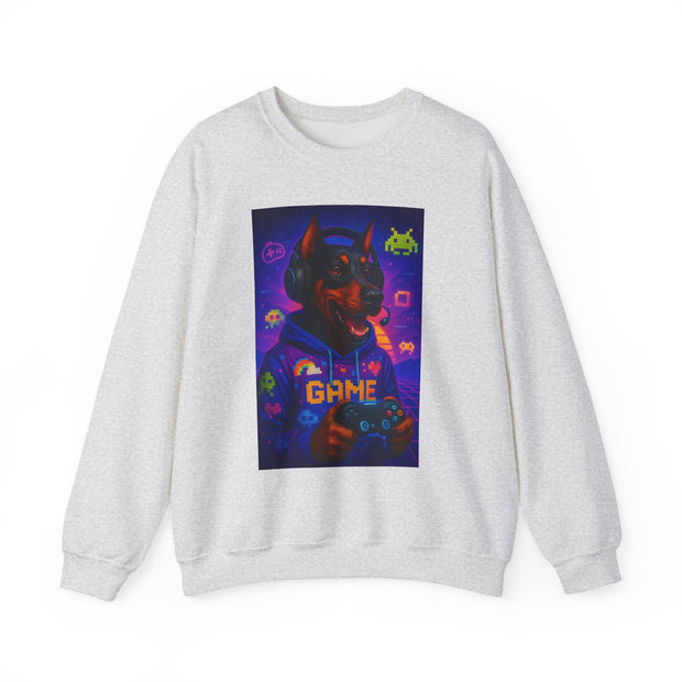 Gaming Doberman Graphic Crewneck Sweatshirt | Retro Arcade Dog Gamer