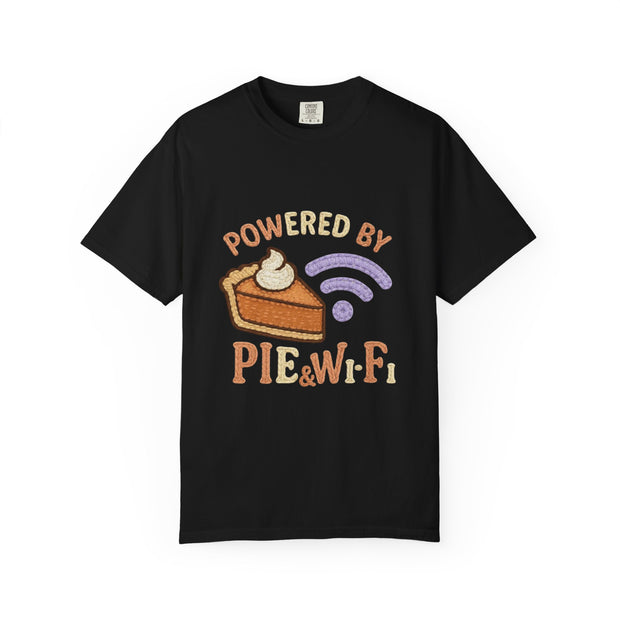 Powered by Pie and Wi-Fi T-Shirt, Funny Unisex Tee, Gift for Pie Lovers, Tech Enthusiasts, Perfect for Holidays and Parties